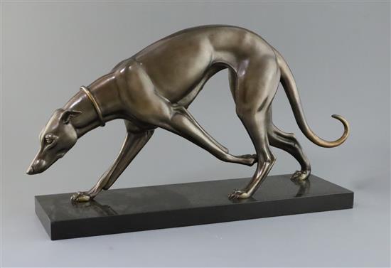 Attributed to Irene Rochard. An Art Deco bronze model of a greyhound, length 22in.